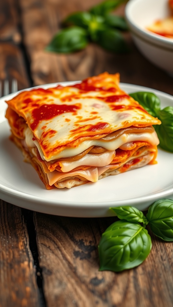 A hearty slice of ham and cheese lasagna on a plate, garnished with basil, revealing layers of cheese and ham.